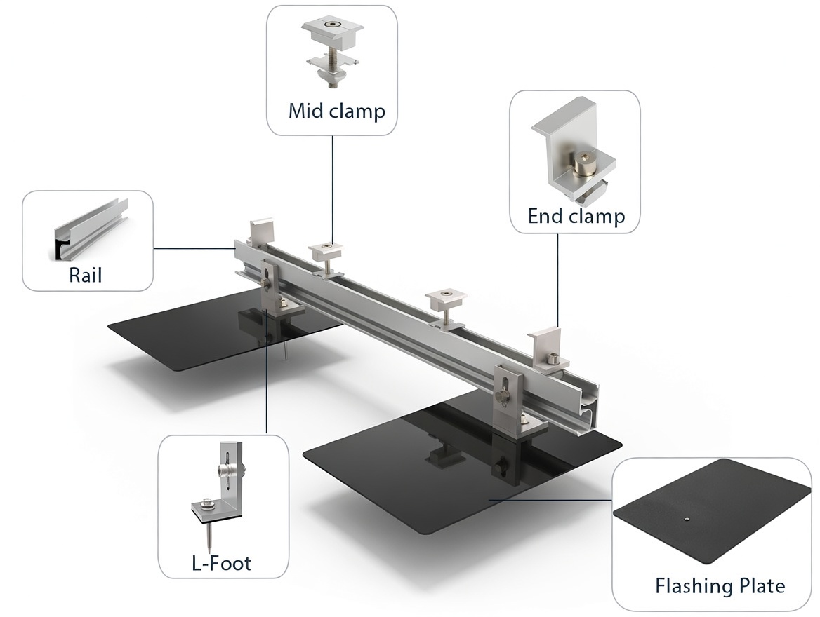 Solar roof mounting system diagram showing Rail, Mid Clamp, End Clamp, L-Foot, and Flashing Plate